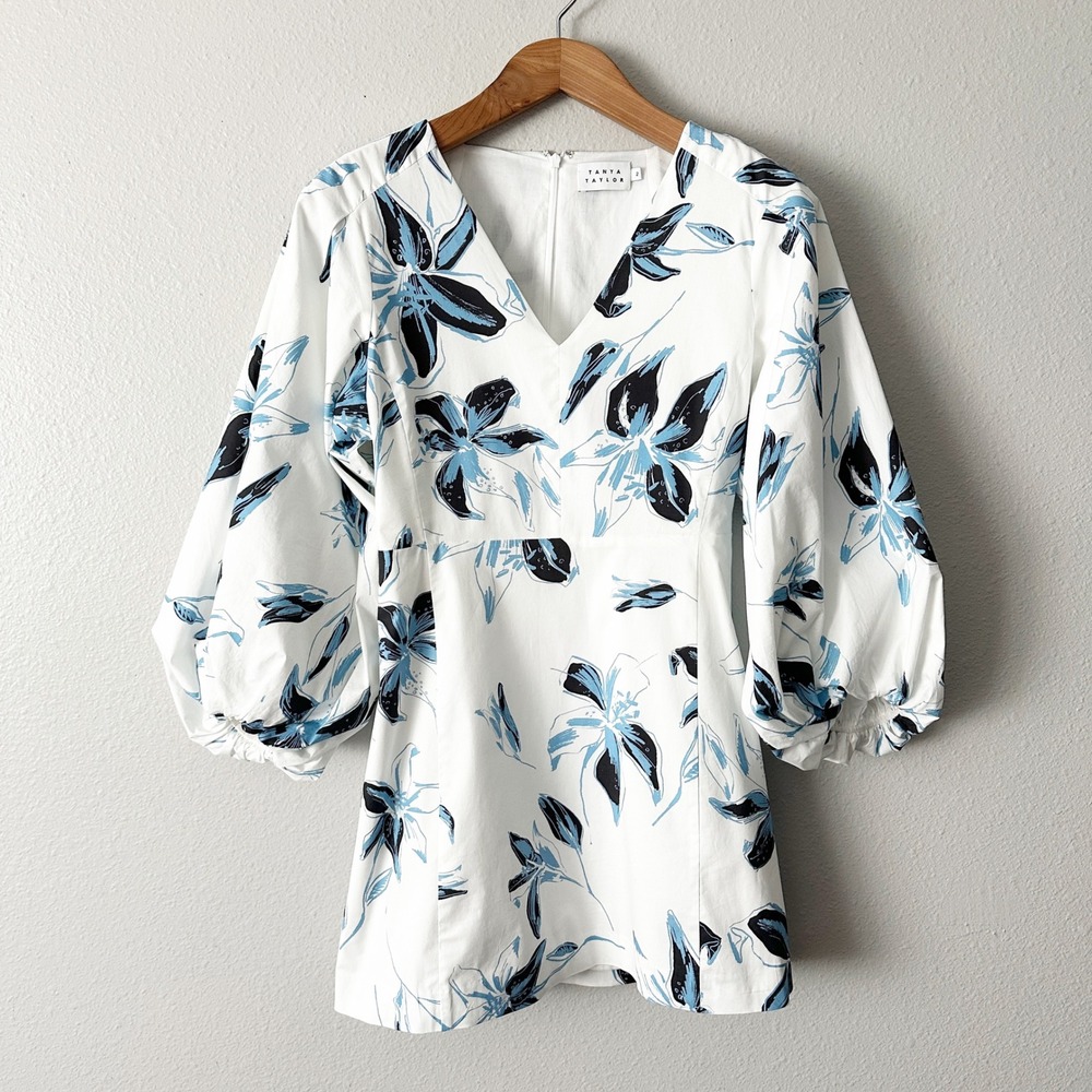 Tanya Taylor White Blue Floral Statement Puff‎ Sleeve V-Neck Mini Dress Size 2